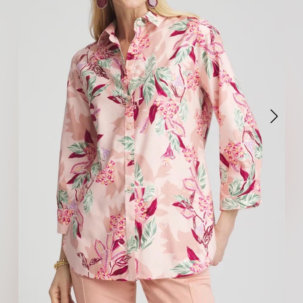 Chico's No Iron Stretch Pink Floral Button-Down Blouse 3/4 Sleeves French Blush